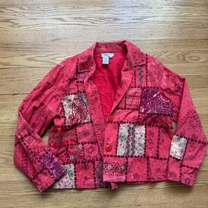 Coldwater Creek Red Cropped Blazer Artistic Patchwork Design